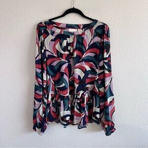 Maeve Anthropologie Cheyenne Blouse Peplum Geometric Brick Navy